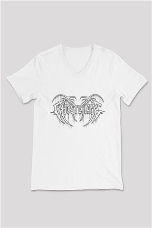 Ghostemane Baskılı Beyaz Unisex V Yaka Tişört - Tshirt