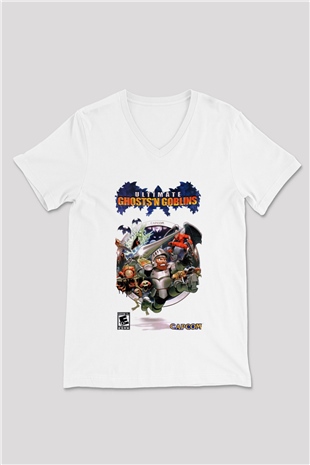 Ghosts n Goblins Beyaz Unisex V Yaka Tişört