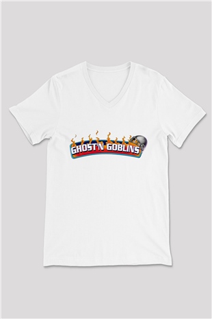 Ghosts n Goblins Beyaz Unisex V Yaka Tişört T-Shirt
