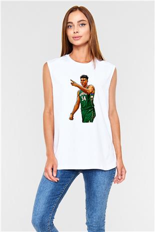 Giannis Antetokounpma Baskılı Beyaz Unisex Kolsuz Tişört - Tshirt