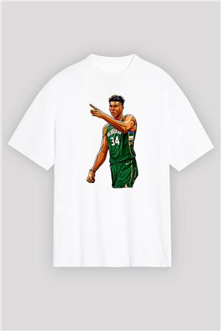 Giannis Antetokounpma Baskılı Beyaz Unisex Oversize Tişört - Tshirt