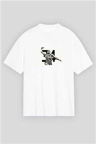 Giannis Antetokounpma Baskılı Beyaz Unisex Oversize Tişört - Tshirt