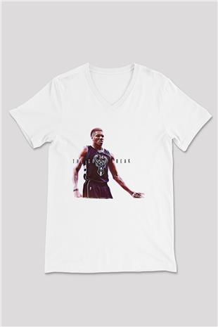 Giannis Antetokounpma Baskılı Beyaz Unisex V Yaka Tişört - Tshirt