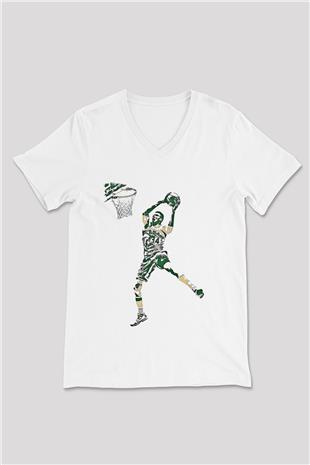 Giannis Antetokounpma Baskılı Beyaz Unisex V Yaka Tişört - Tshirt