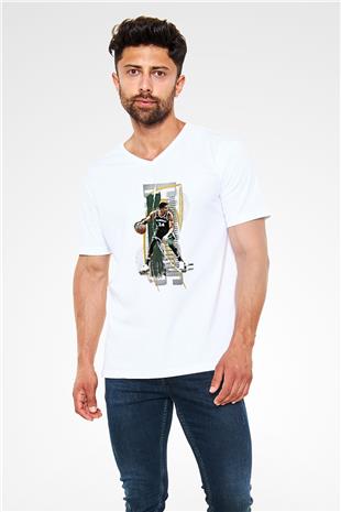 Giannis Antetokounpma Baskılı Beyaz Unisex V Yaka Tişört - Tshirt