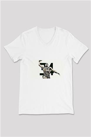 Giannis Antetokounpma Baskılı Beyaz Unisex V Yaka Tişört - Tshirt