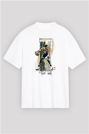 Giannis Antetokounpma Baskılı Beyaz Unisex Oversize Tişört - Tshirt