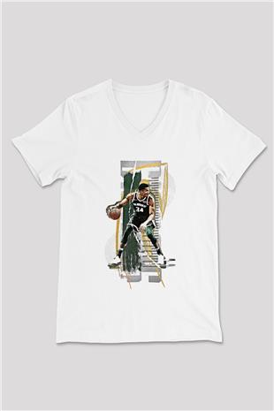 Giannis Antetokounpma Baskılı Beyaz Unisex V Yaka Tişört - Tshirt