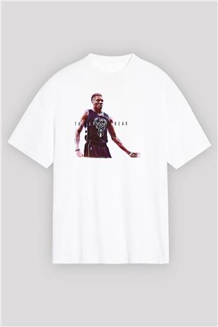 Giannis Antetokounpma Baskılı Beyaz Unisex Oversize Tişört - Tshirt