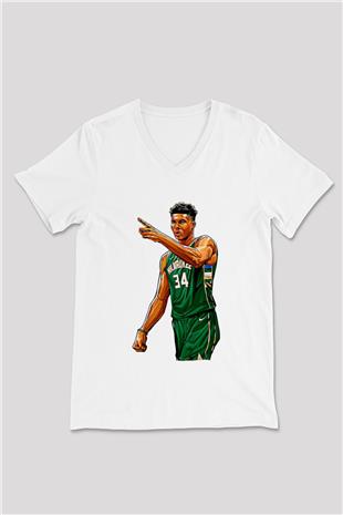 Giannis Antetokounpma Baskılı Beyaz Unisex V Yaka Tişört - Tshirt