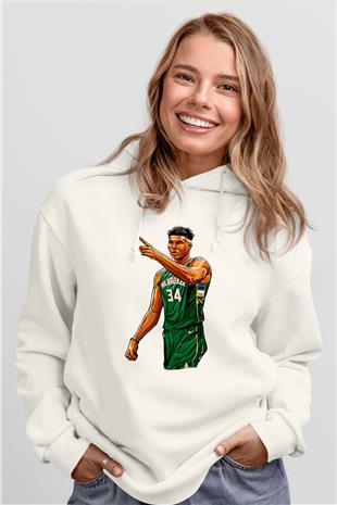 Giannis Antetokounpma Baskılı Beyaz Unisex Kapüşonlu Sweatshirt