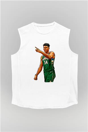 Giannis Antetokounpma Baskılı Beyaz Unisex Kolsuz Tişört - Tshirt