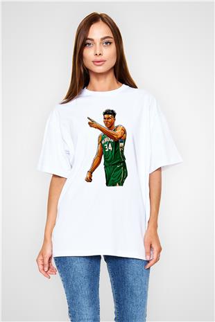 Giannis Antetokounpma Baskılı Beyaz Unisex Oversize Tişört - Tshirt