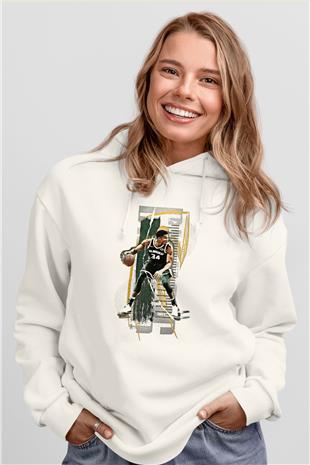 Giannis Antetokounpma Baskılı Beyaz Unisex Kapüşonlu Sweatshirt