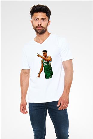 Giannis Antetokounpma Baskılı Beyaz Unisex V Yaka Tişört - Tshirt