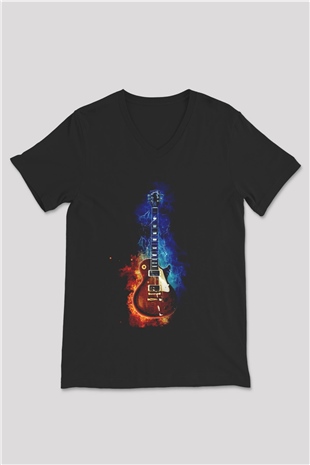 Gibson Gitar Baskılı Unisex Siyah  V Yaka Tişört