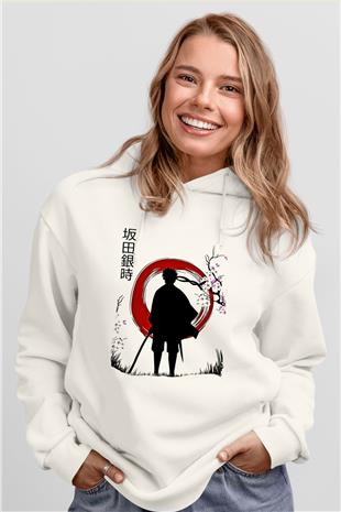Gintama Baskılı Beyaz Unisex Hoodie