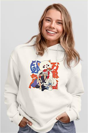 Gintama Baskılı Beyaz Unisex Hoodie