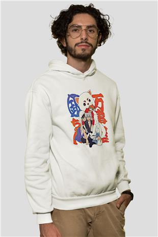 Gintama Baskılı Beyaz Unisex Hoodie