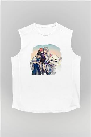 Gintama Baskılı Beyaz Unisex Kolsuz Tişört - Tshirt