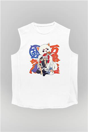 Gintama Baskılı Beyaz Unisex Kolsuz Tişört - Tshirt