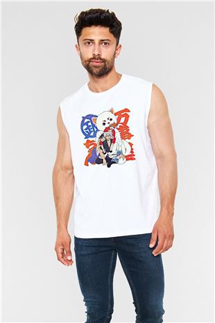 Gintama Baskılı Beyaz Unisex Kolsuz Tişört - Tshirt