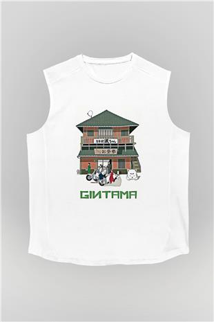 Gintama Baskılı Beyaz Unisex Kolsuz Tişört - Tshirt