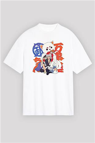Gintama Baskılı Beyaz Unisex Oversize Tişört - Tshirt
