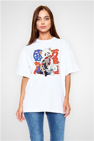 Gintama Baskılı Beyaz Unisex Oversize Tişört - Tshirt