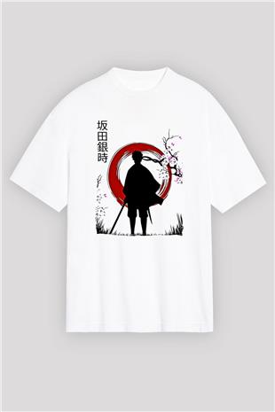 Gintama Baskılı Beyaz Unisex Oversize Tişört - Tshirt
