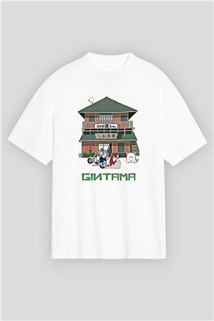 Gintama Baskılı Beyaz Unisex Oversize Tişört - Tshirt