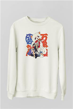 Gintama Baskılı Beyaz Unisex Sweatshirt