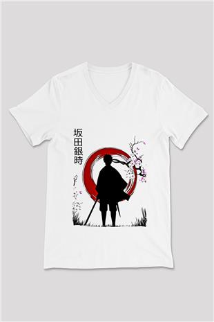 Gintama Baskılı Beyaz Unisex V Yaka Tişört - Tshirt