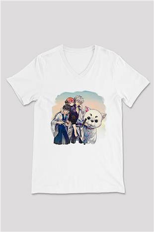 Gintama Baskılı Beyaz Unisex V Yaka Tişört - Tshirt