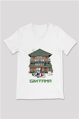 Gintama Baskılı Beyaz Unisex V Yaka Tişört - Tshirt