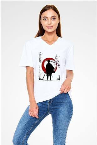 Gintama Baskılı Beyaz Unisex V Yaka Tişört - Tshirt
