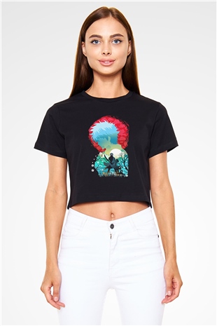 Gintama Baskılı Siyah Crop Top Kadın Tişört - Tshirt