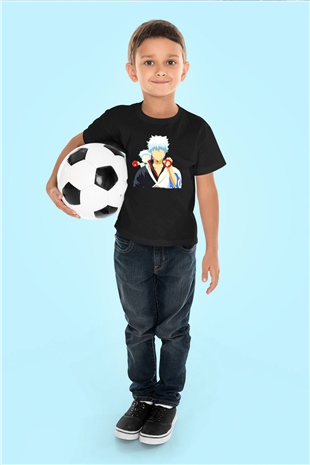 Gintama Baskılı Unisex Siyah Çocuk Tişört - Tshirt