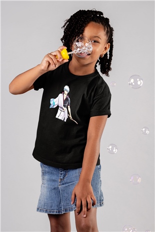 Gintama Baskılı Unisex Siyah Çocuk Tişört - Tshirt