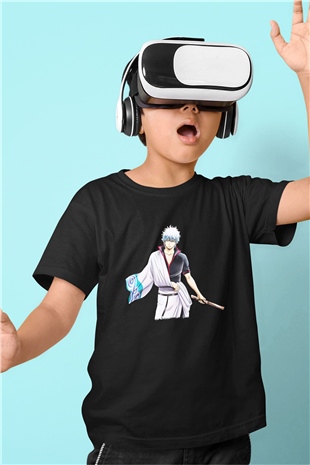 Gintama Baskılı Unisex Siyah Çocuk Tişört - Tshirt