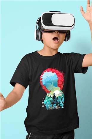 Gintama Baskılı Unisex Siyah Çocuk Tişört - Tshirt