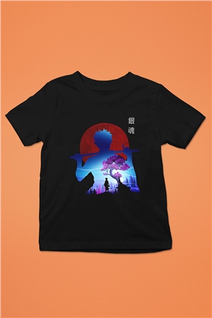Gintama Baskılı Unisex Siyah Çocuk Tişört - Tshirt