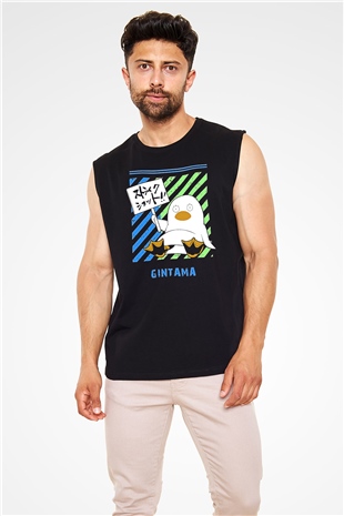 Gintama Baskılı Unisex Siyah Kolsuz Tişört - Tshirt