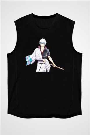 Gintama Baskılı Unisex Siyah Kolsuz Tişört - Tshirt
