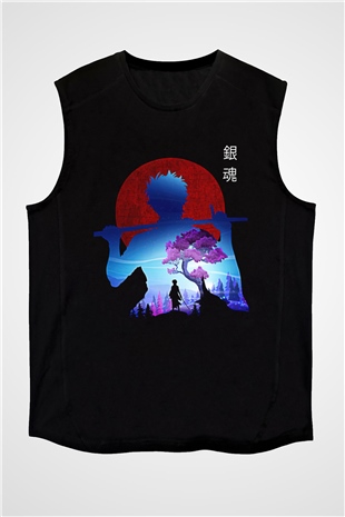 Gintama Baskılı Unisex Siyah Kolsuz Tişört - Tshirt