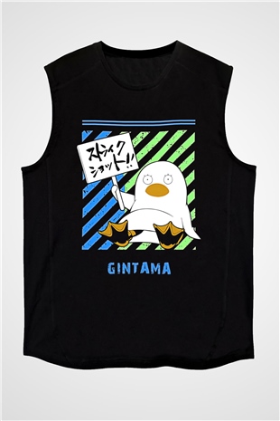 Gintama Baskılı Unisex Siyah Kolsuz Tişört - Tshirt