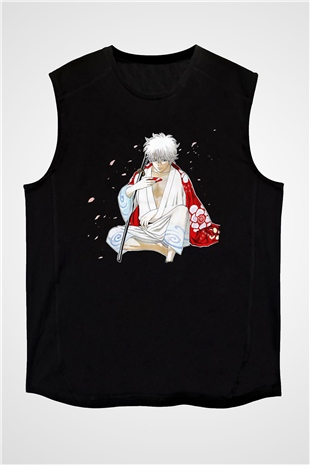 Gintama Baskılı Unisex Siyah Kolsuz Tişört - Tshirt