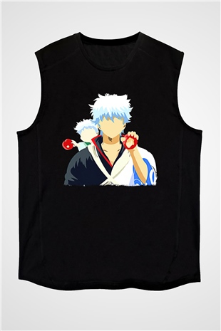 Gintama Baskılı Unisex Siyah Kolsuz Tişört - Tshirt
