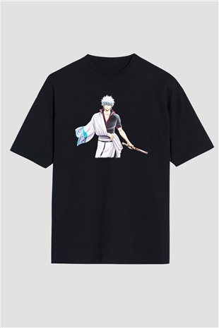 Gintama Baskılı Unisex Siyah Oversize Tişört - Tshirt