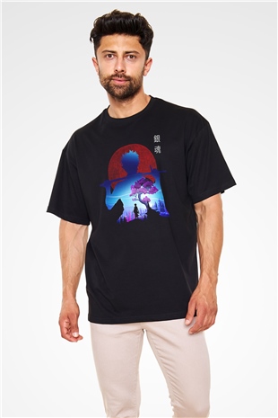 Gintama Baskılı Unisex Siyah Oversize Tişört - Tshirt